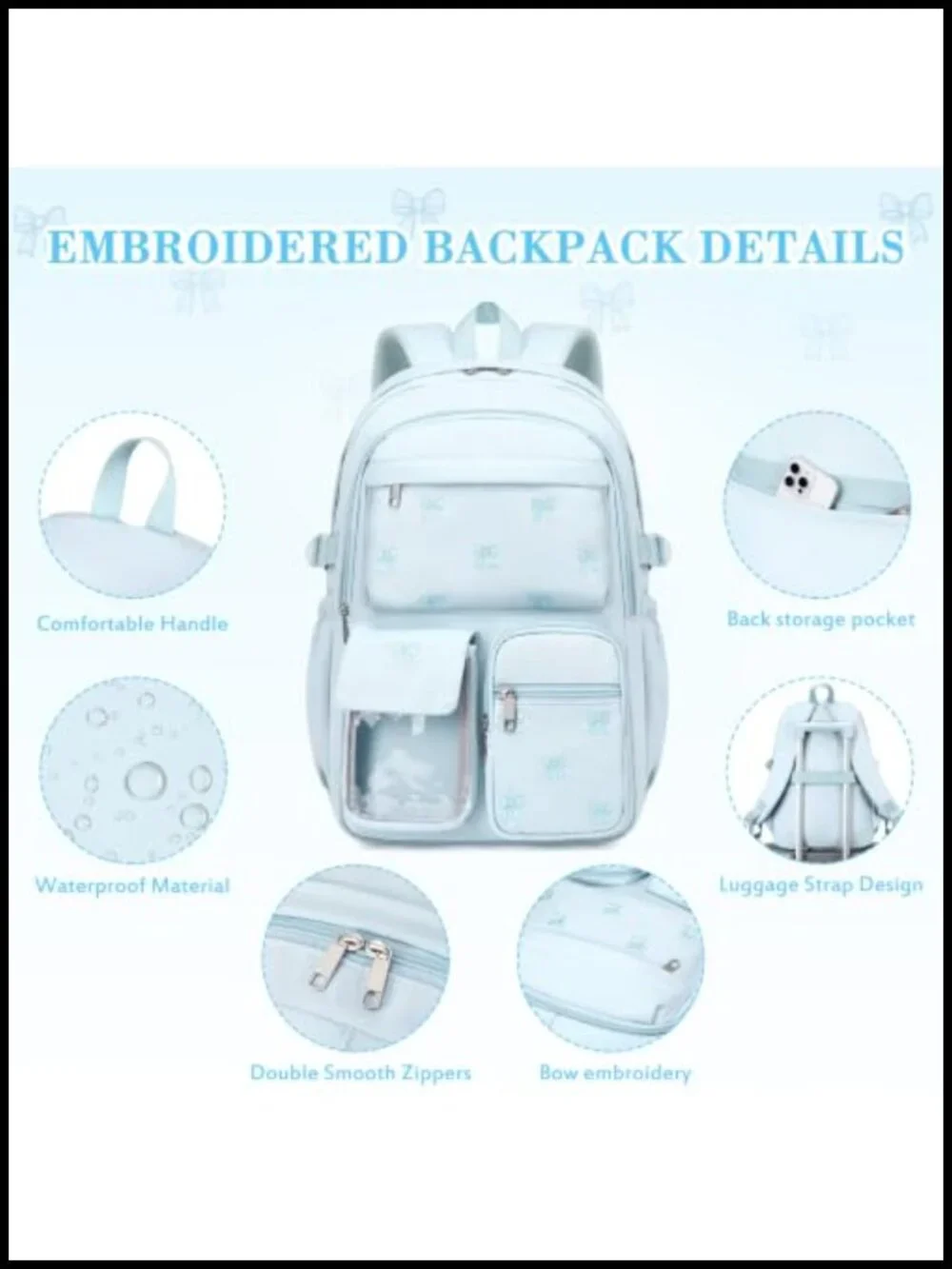 Girls School Backpack Set - Embroidered 3 Piece with Lunch Bag & Pencil Case